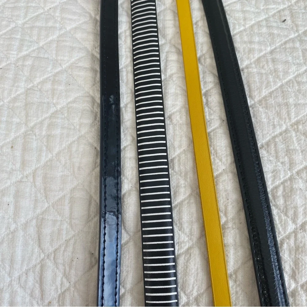 Bundle of 4 Classic Skinny Belts black, striped, yellow silver-tone buckle 30”